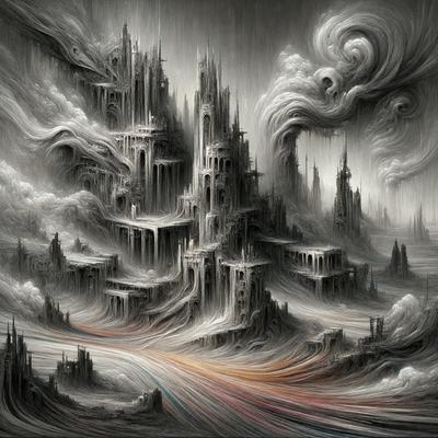 The primary subject of the image is a large, intricate castle with a tall tower. The setting is a dark, stormy sky, which adds a dramatic atmosphere to the scene. The visual style is a combination of digital art and illustration, creating a detailed and captivating image. The colors are predominantly dark, with the castle and sky being the main focus, while the clouds add a sense of depth and intensity to the scene.